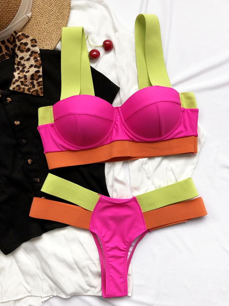 Women's Neon Patchwork Push-Up Bikini Set | 2-Piece Cutout Swimsuit | STEVVEX Fashion