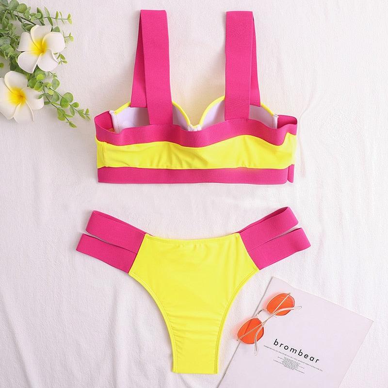 Women's Neon Patchwork Push-Up Bikini Set | 2-Piece Cutout Swimsuit | STEVVEX Fashion