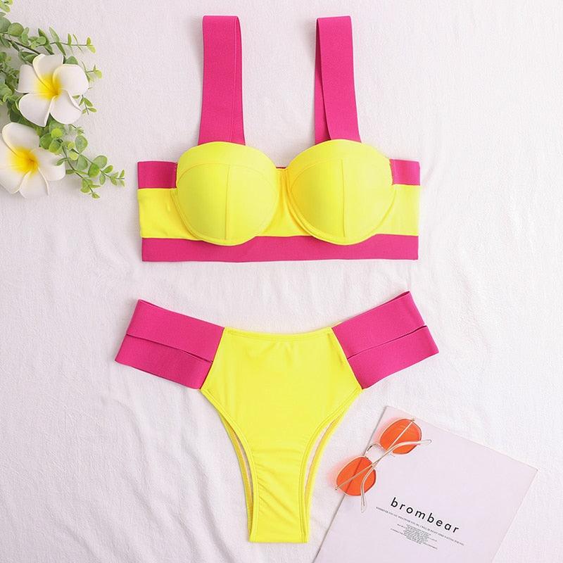 Women's Neon Patchwork Push-Up Bikini Set | 2-Piece Cutout Swimsuit | STEVVEX Fashion
