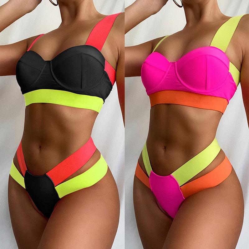 Women's Neon Patchwork Push-Up Bikini Set | 2-Piece Cutout Swimsuit | STEVVEX Fashion