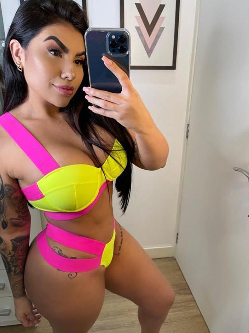 Women's Neon Patchwork Push-Up Bikini Set | 2-Piece Cutout Swimsuit | STEVVEX Fashion