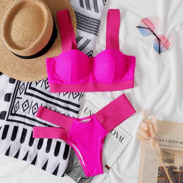 Women's Neon Patchwork Push-Up Bikini Set | 2-Piece Cutout Swimsuit | STEVVEX Fashion