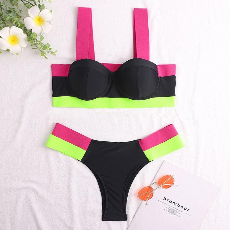 Women's Neon Patchwork Push-Up Bikini Set | 2-Piece Cutout Swimsuit | STEVVEX Fashion