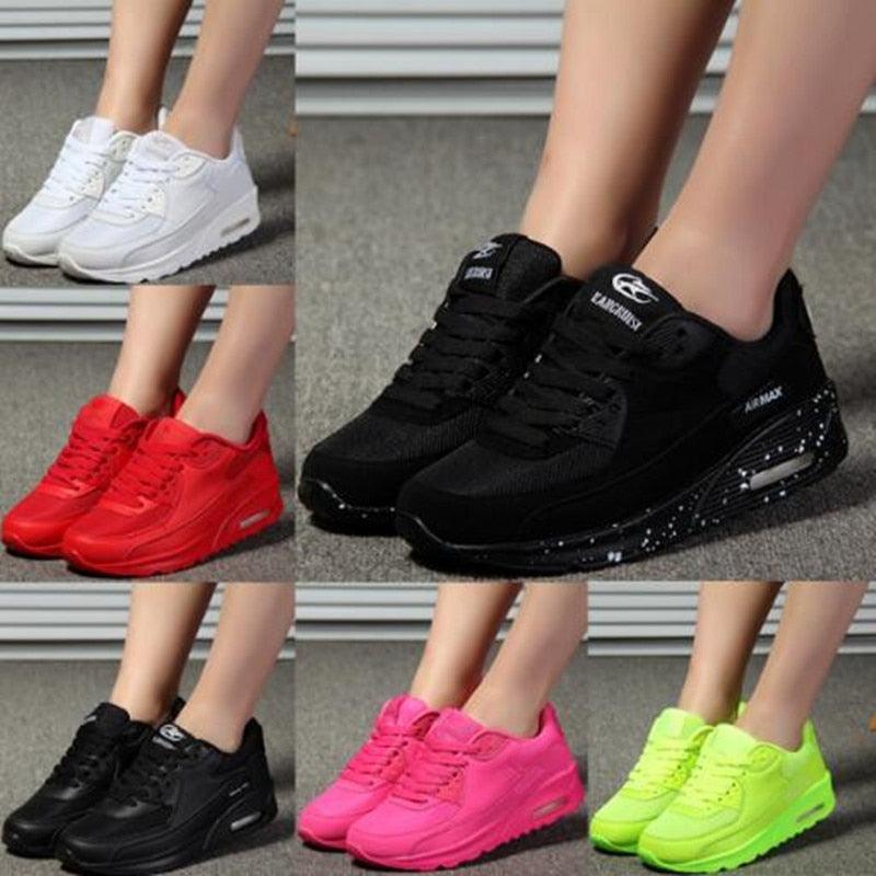 Collage of different colored sneakers on feet against a neutral background