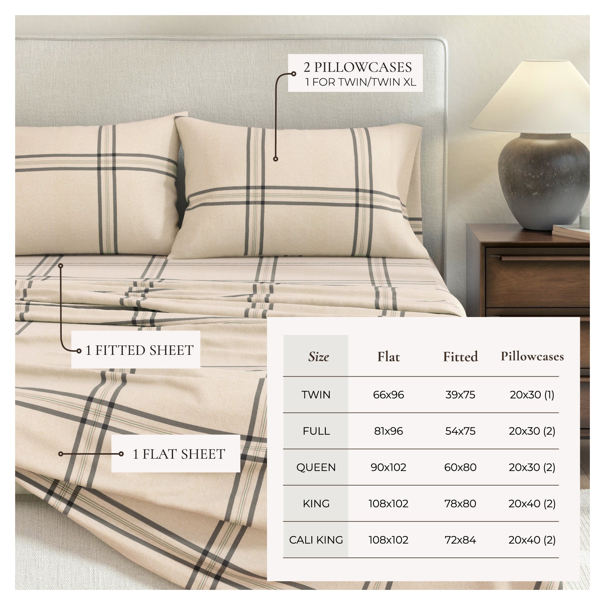 Turkish Cotton Flannel Sheet Set — Plaid & Stripe, Double-Brushed | OEKO-TEX® Certified