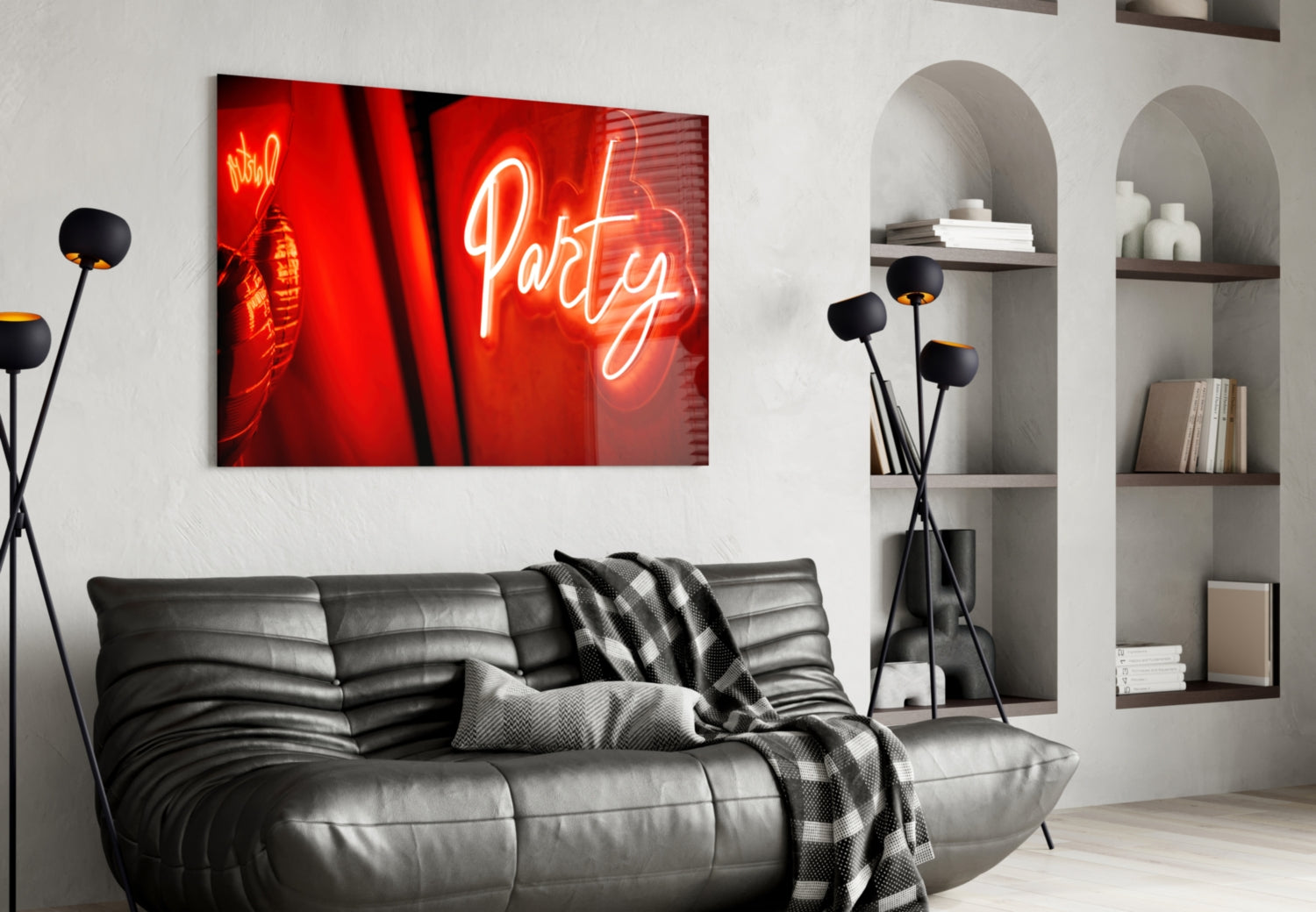 Neon sign with 'Party' in a modern living room setting