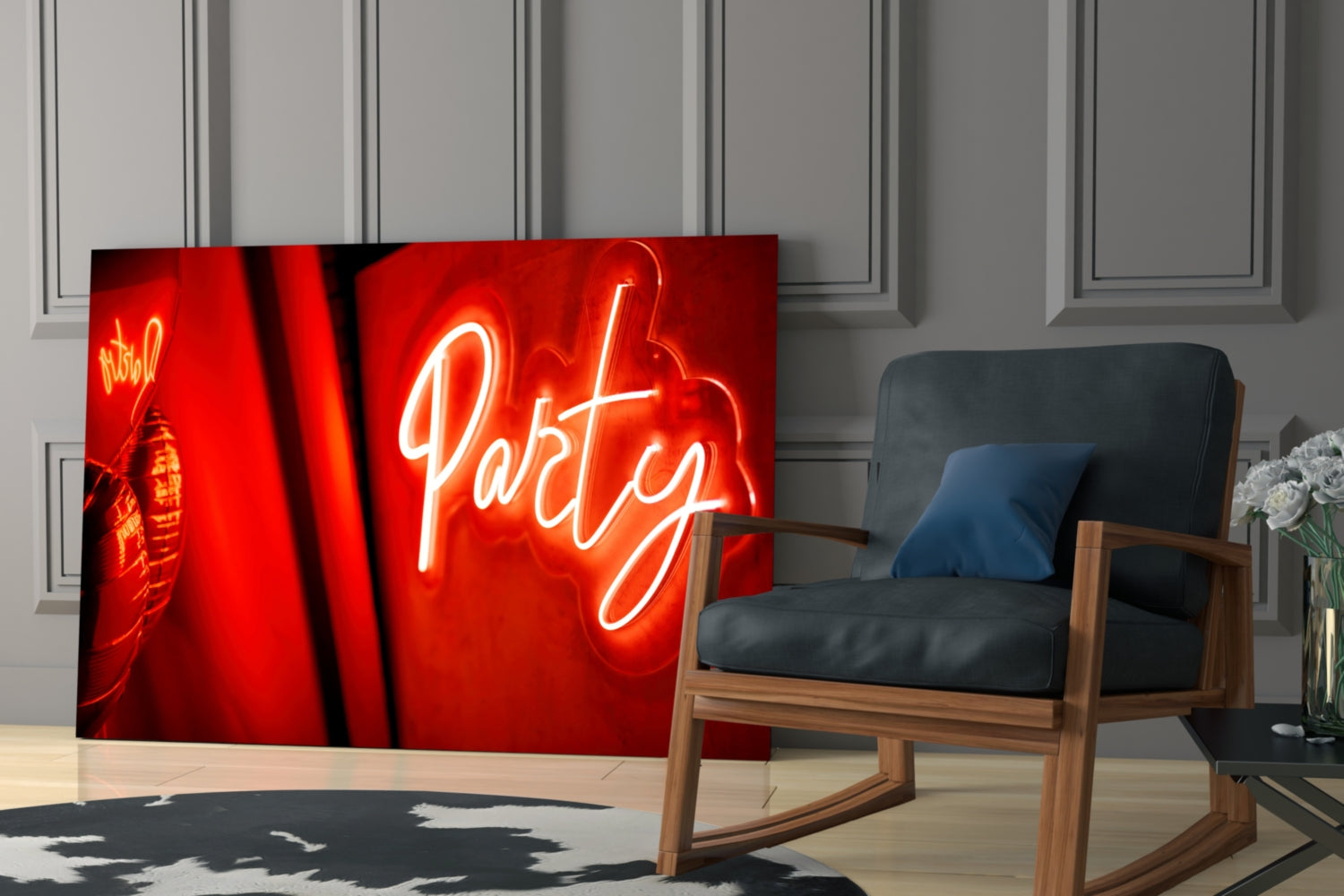 Neon sign with 'Party' text in a room with a rocking chair and decorative elements.